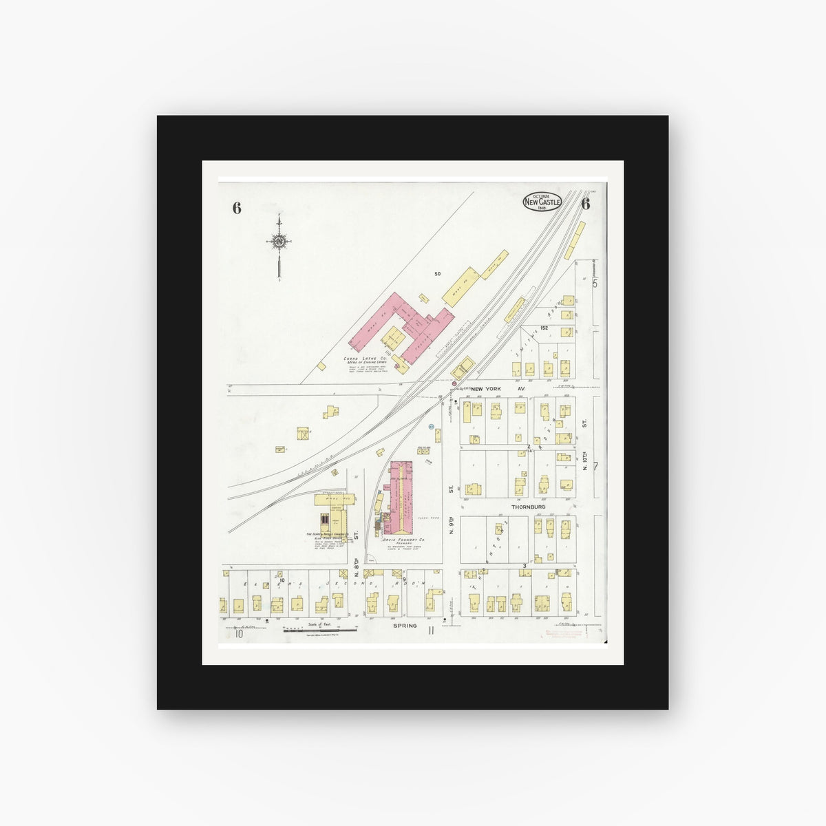 Old map wall art mockup — black gallery frame with white mat — Sanborn Fire Insurance Map from New Castle, Henry County, Indiana (1924), Sheet #0006
