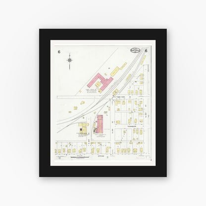 Old map wall art mockup — black gallery frame with white mat — Sanborn Fire Insurance Map from New Castle, Henry County, Indiana (1924), Sheet #0006