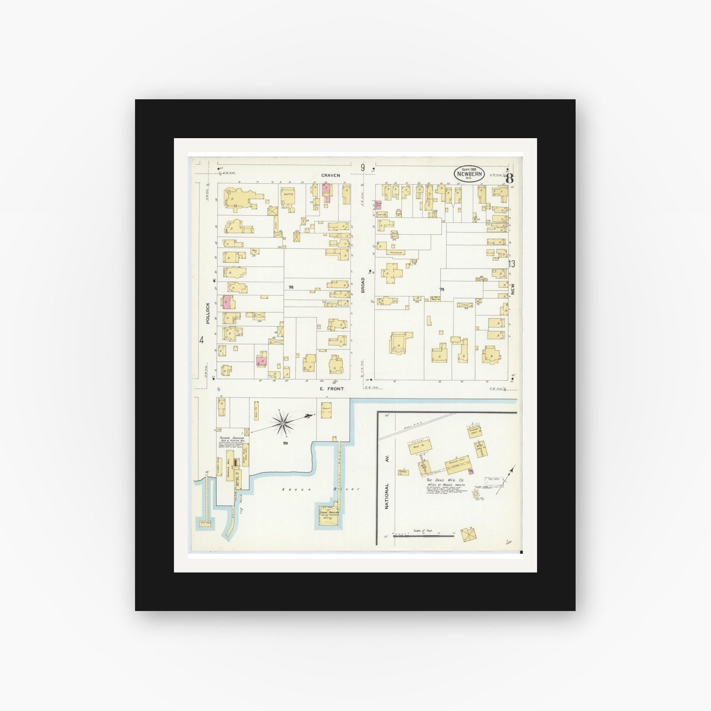 Old map wall art mockup — black gallery frame with white mat — Sanborn Fire Insurance Map from New Bern, Craven County, North Carolina (1908), Sheet #0008