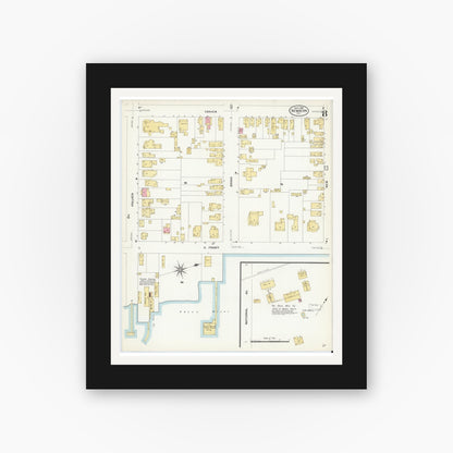 Old map wall art mockup — black gallery frame with white mat — Sanborn Fire Insurance Map from New Bern, Craven County, North Carolina (1908), Sheet #0008