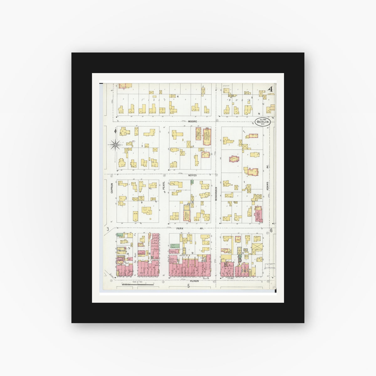 Old map wall art mockup — black gallery frame with white mat — Sanborn Fire Insurance Map from Berlin, Green Lake County, Wisconsin (1900), Sheet #0004