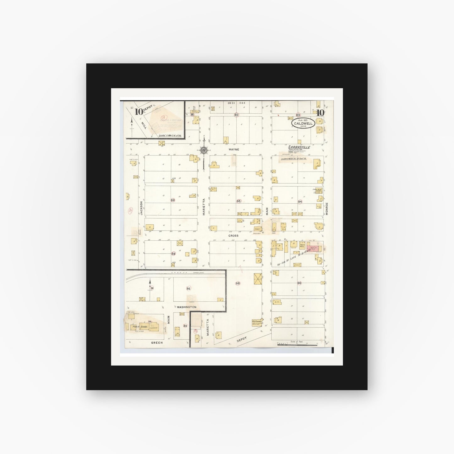 Old map wall art mockup — black gallery frame with white mat — Sanborn Fire Insurance Map from Caldwell, Noble County, Ohio (1932), Sheet #0010