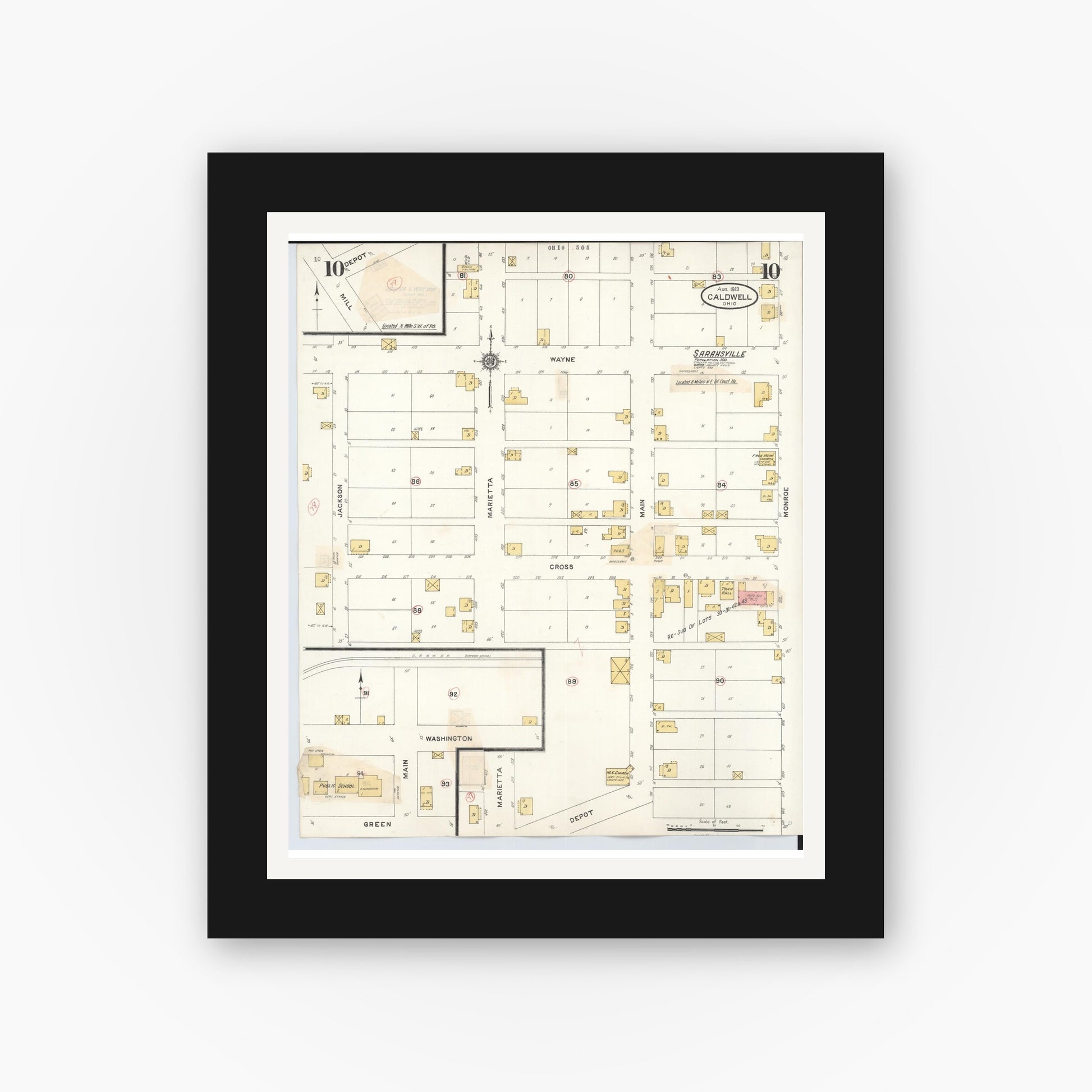 Old map wall art mockup — black gallery frame with white mat — Sanborn Fire Insurance Map from Caldwell, Noble County, Ohio (1932), Sheet #0010