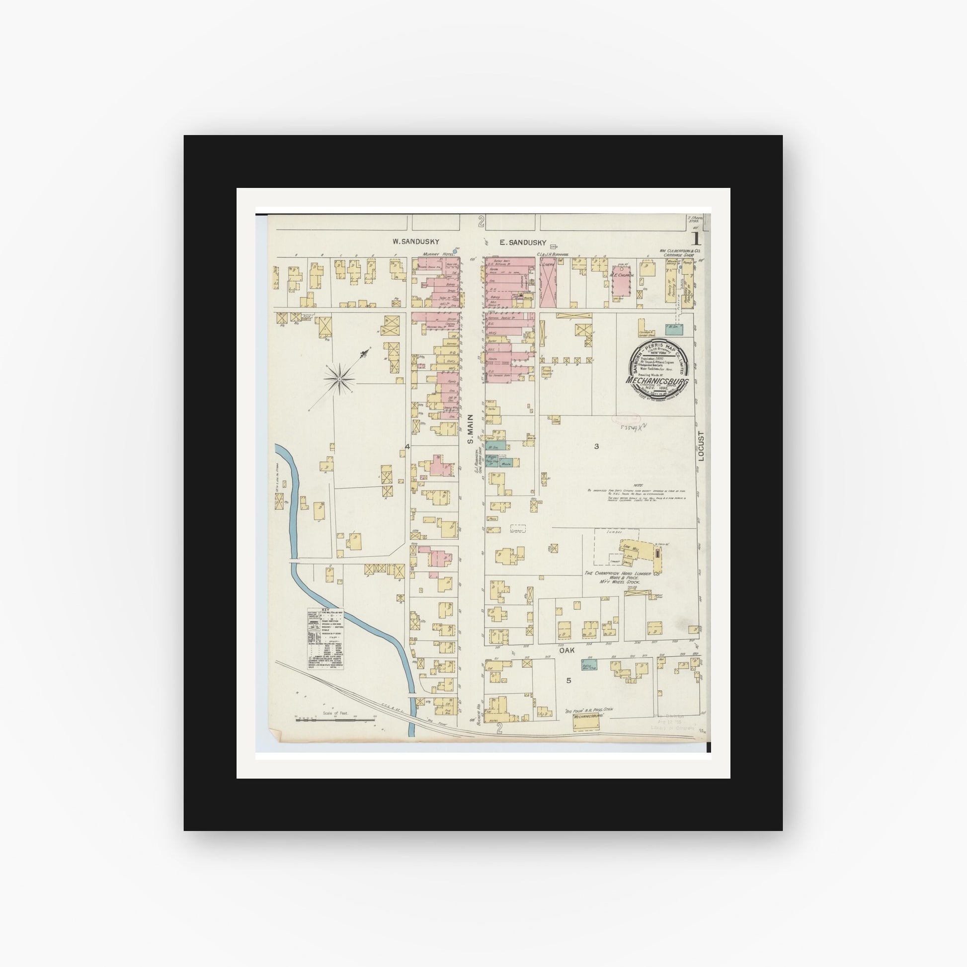 Old map wall art mockup — black gallery frame with white mat — Sanborn Fire Insurance Map from Mechanicsburg, Champaign County, Ohio (1892) - Complete Map Set