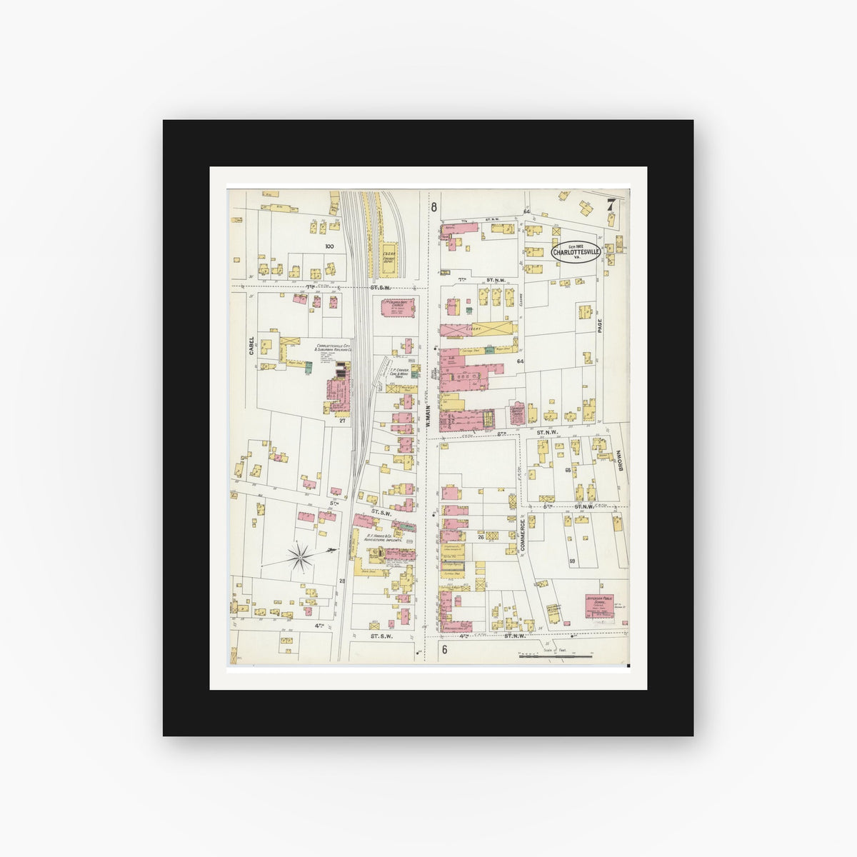 Old map wall art mockup — black gallery frame with white mat — Sanborn Fire Insurance Map from Charlottesville, Independent Cities, Virginia (1902), Sheet #0007