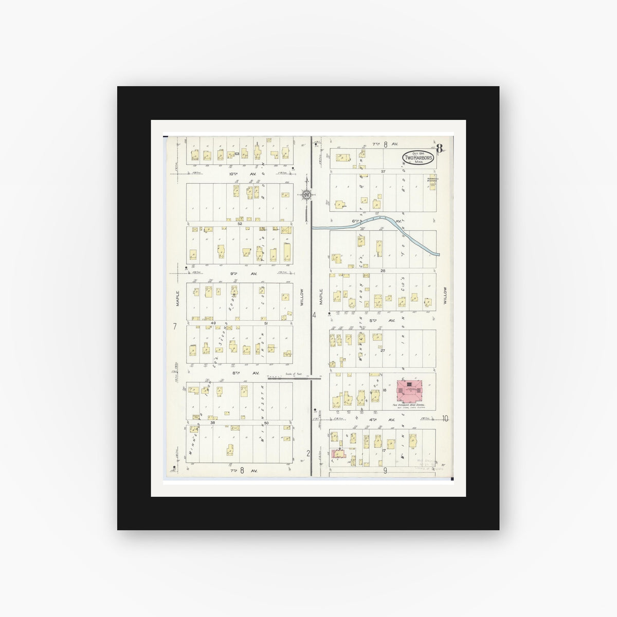 Old map wall art mockup — black gallery frame with white mat — Sanborn Fire Insurance Map from Two Harbors, Lake County, Minnesota (1914), Sheet #0008