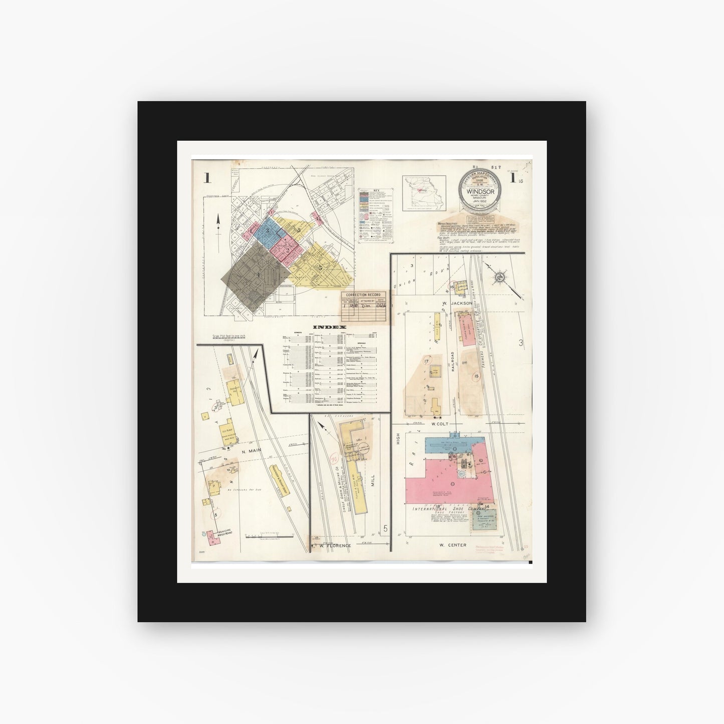 Old map wall art mockup — black gallery frame with white mat — Sanborn Fire Insurance Map from Windsor, Henry County, Missouri (1943) - Complete Map Set