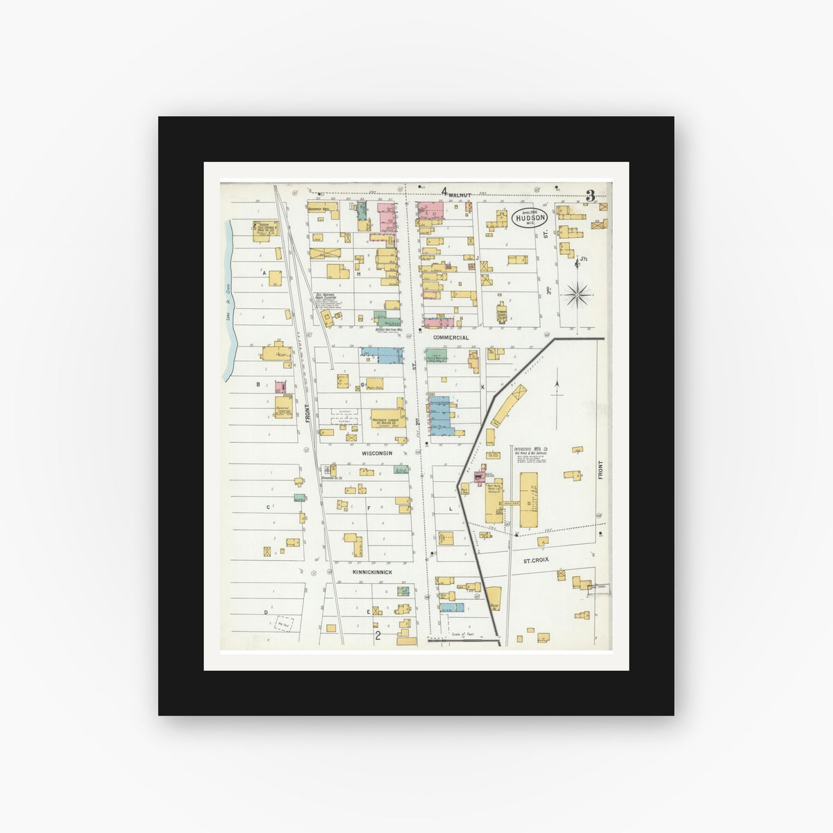 Old map wall art mockup — black gallery frame with white mat — Sanborn Fire Insurance Map from Hudson, St. Croix County, Wisconsin (1900), Sheet #0003