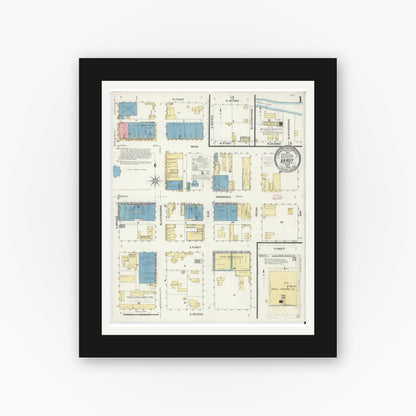 Old map wall art mockup — black gallery frame with white mat — Sanborn Fire Insurance Map from Brady, McCulloch County, Texas (1908), Sheet #0001
