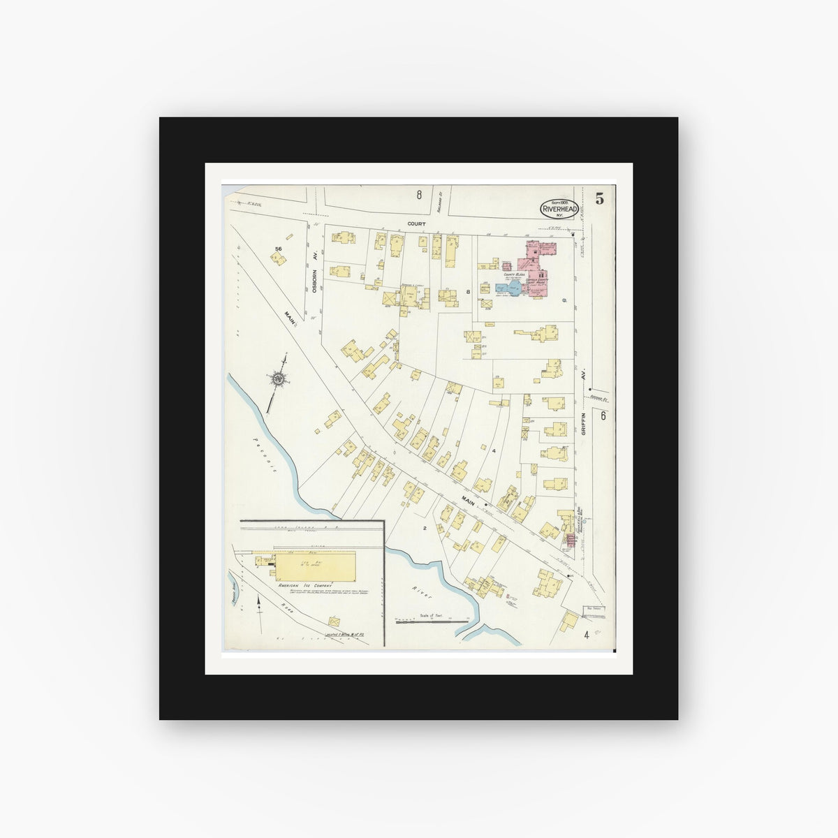 Old map wall art mockup — black gallery frame with white mat — Sanborn Fire Insurance Map from Riverhead, Suffolk County, New York (1909), Sheet #0005