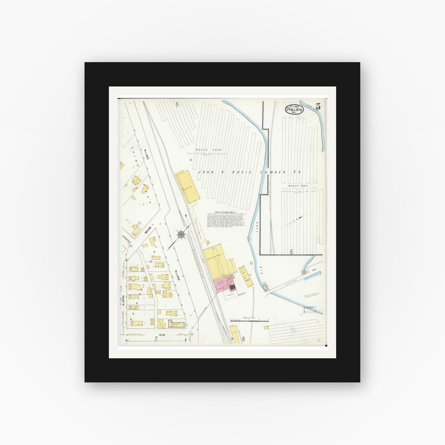 Old map wall art mockup — black gallery frame with white mat — Sanborn Fire Insurance Map from Phillips, Price County, Wisconsin (1909), Sheet #0005