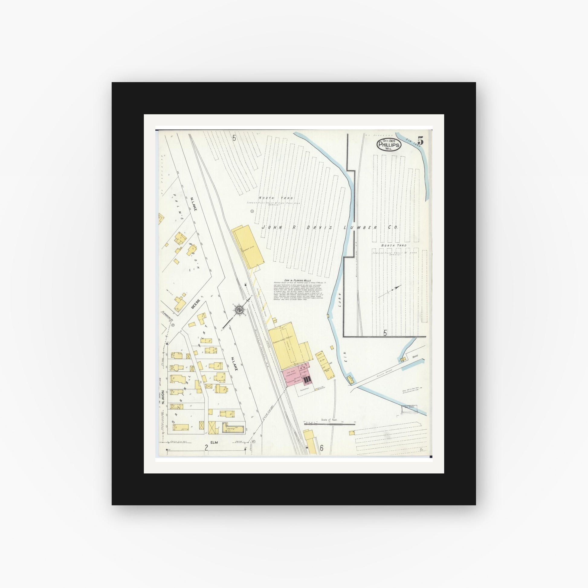 Old map wall art mockup — black gallery frame with white mat — Sanborn Fire Insurance Map from Phillips, Price County, Wisconsin (1909), Sheet #0005