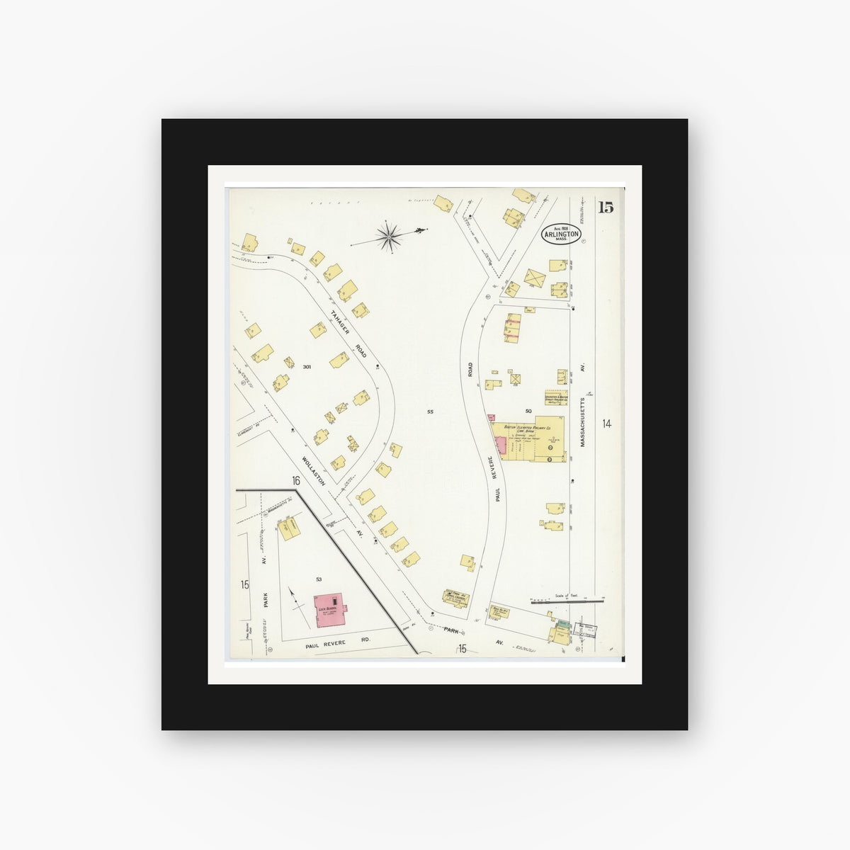 Old map wall art mockup — black gallery frame with white mat — Sanborn Fire Insurance Map from Arlington, Middlesex County, Massachusetts (1908), Sheet #0015