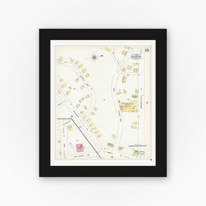 Old map wall art mockup — black gallery frame with white mat — Sanborn Fire Insurance Map from Arlington, Middlesex County, Massachusetts (1908), Sheet #0015