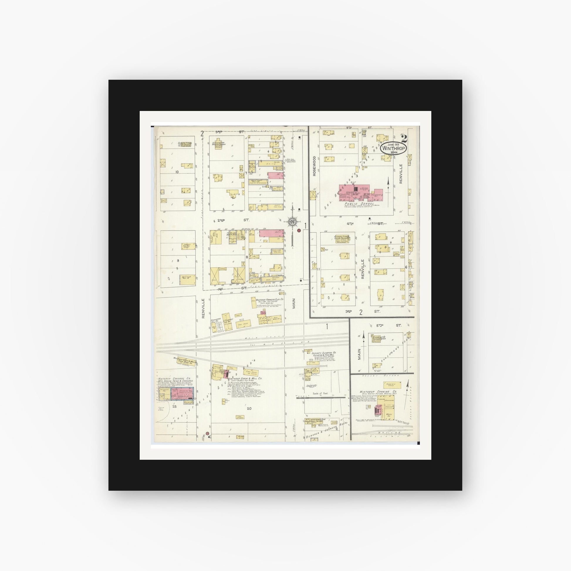 Old map wall art mockup — black gallery frame with white mat — Sanborn Fire Insurance Map from Winthrop, Sibley County, Minnesota (1913), Sheet #0002