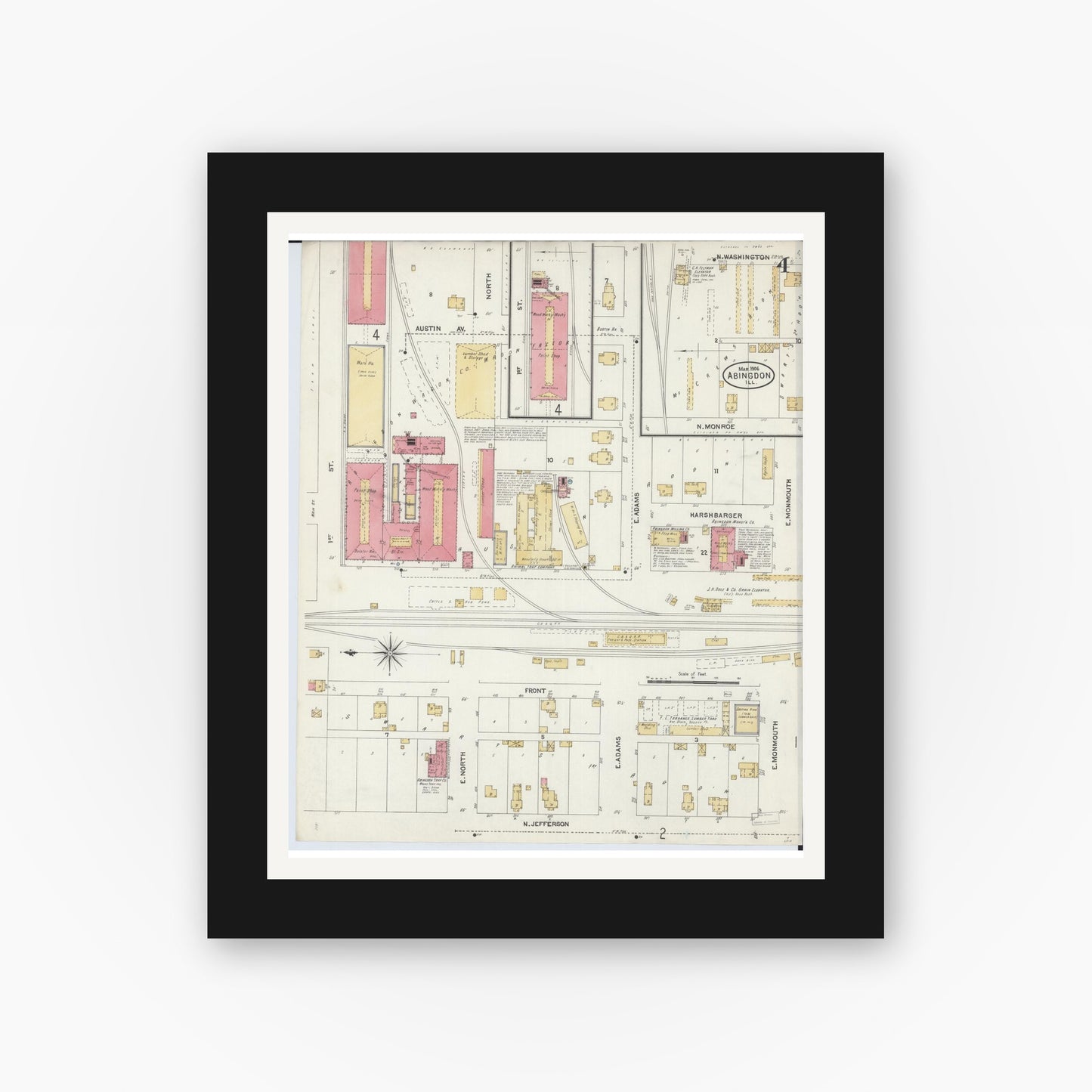 Old map wall art mockup — black gallery frame with white mat — Sanborn Fire Insurance Map from Abingdon, Knox County, Illinois (1906), Sheet #0004