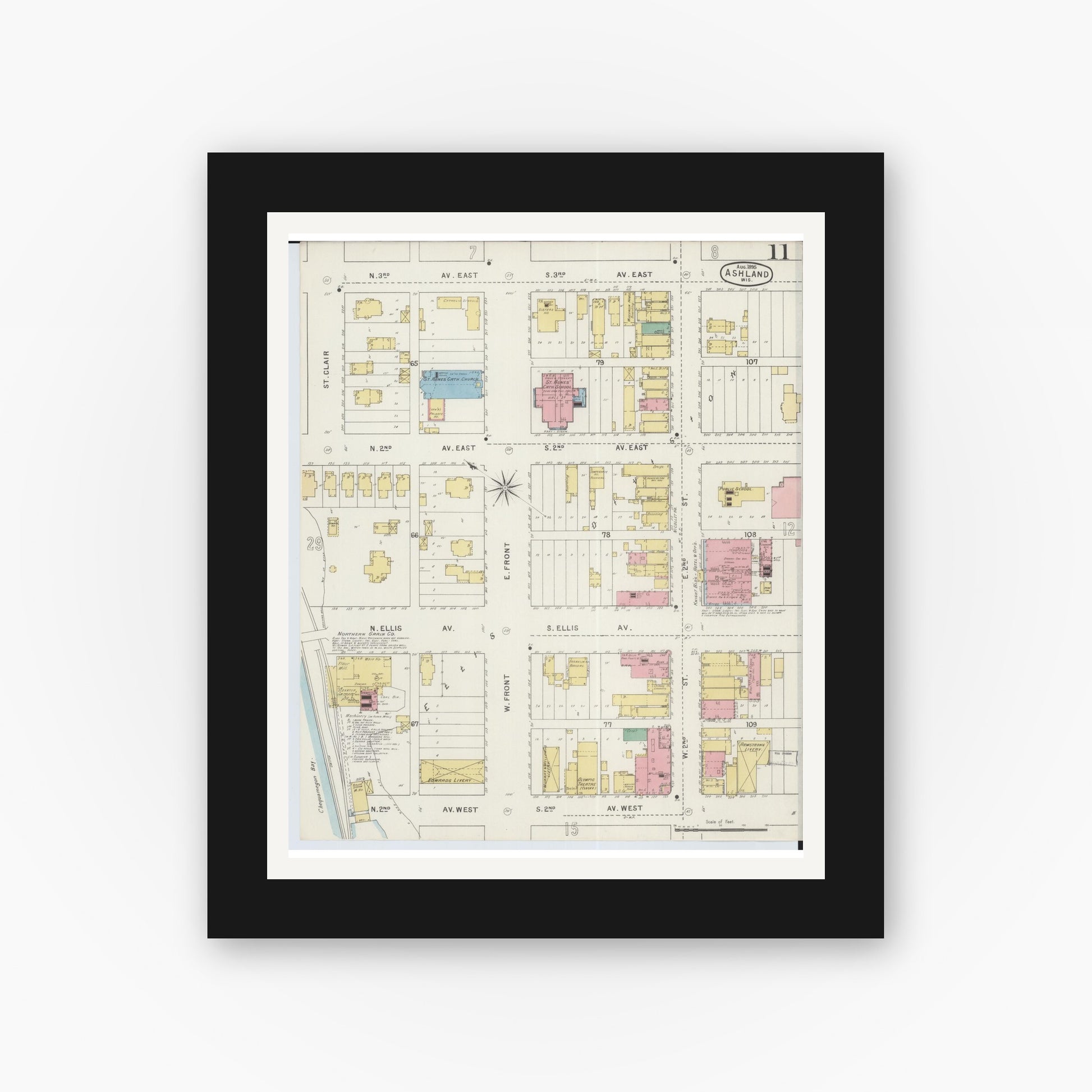 Old map wall art mockup — black gallery frame with white mat — Sanborn Fire Insurance Map from Ashland, Ashland County, Wisconsin (1895), Sheet #0011