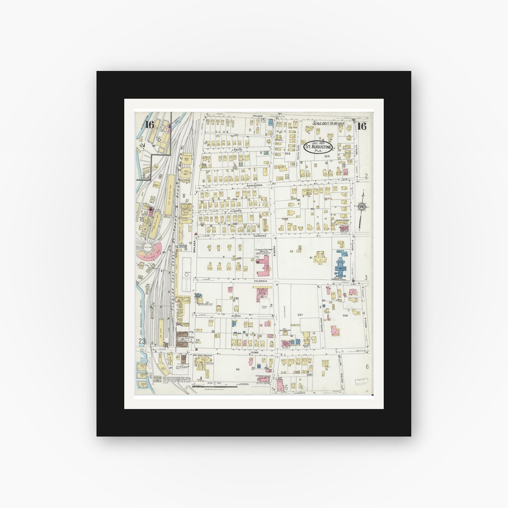Old map wall art mockup — black gallery frame with white mat — Sanborn Fire Insurance Map from Saint Augustine, Saint John's County, Florida (1924), Sheet #0016