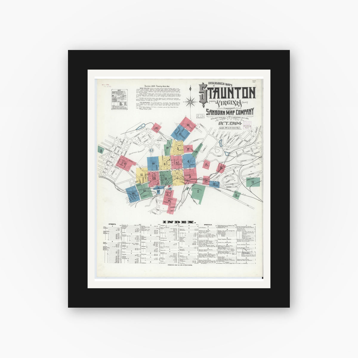Old map wall art mockup — black gallery frame with white mat — Sanborn Fire Insurance Map from Staunton, Independent Cities, Virginia (1904) - Complete Map Set