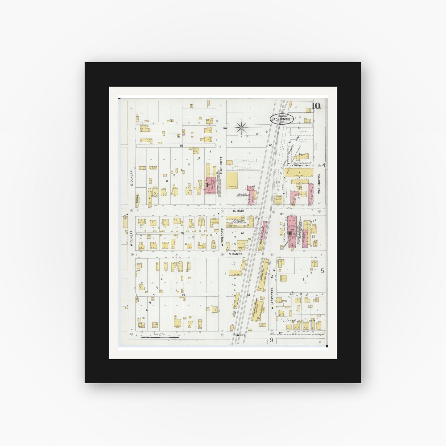 Old map wall art mockup — black gallery frame with white mat — Sanborn Fire Insurance Map from Jacksonville, Morgan County, Illinois (1899), Sheet #0010
