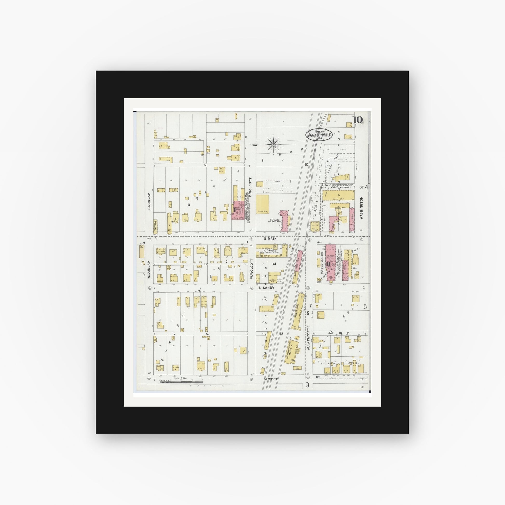 Old map wall art mockup — black gallery frame with white mat — Sanborn Fire Insurance Map from Jacksonville, Morgan County, Illinois (1899), Sheet #0010