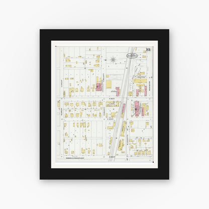 Old map wall art mockup — black gallery frame with white mat — Sanborn Fire Insurance Map from Jacksonville, Morgan County, Illinois (1899), Sheet #0010