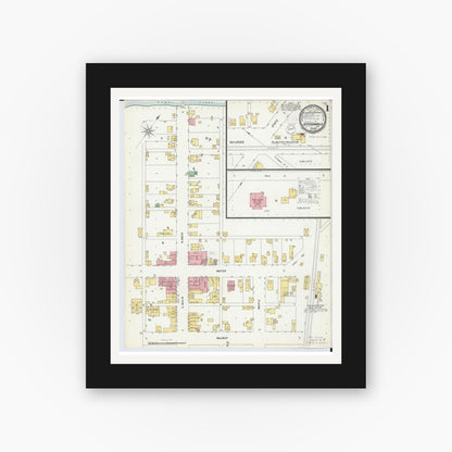 Old map wall art mockup — black gallery frame with white mat — Sanborn Fire Insurance Map from Jeffersonville, Fayette County, Ohio (1899), Sheet #0001