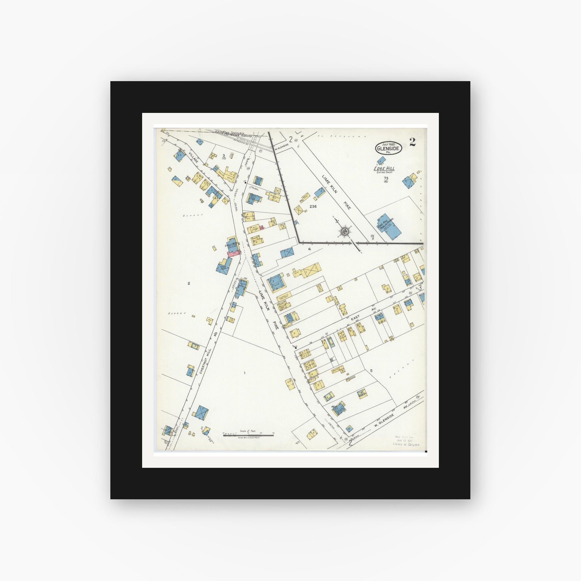Old map wall art mockup — black gallery frame with white mat — Sanborn Fire Insurance Map from Glenside, Montgomery County, Pennsylvania (1920), Sheet #0002