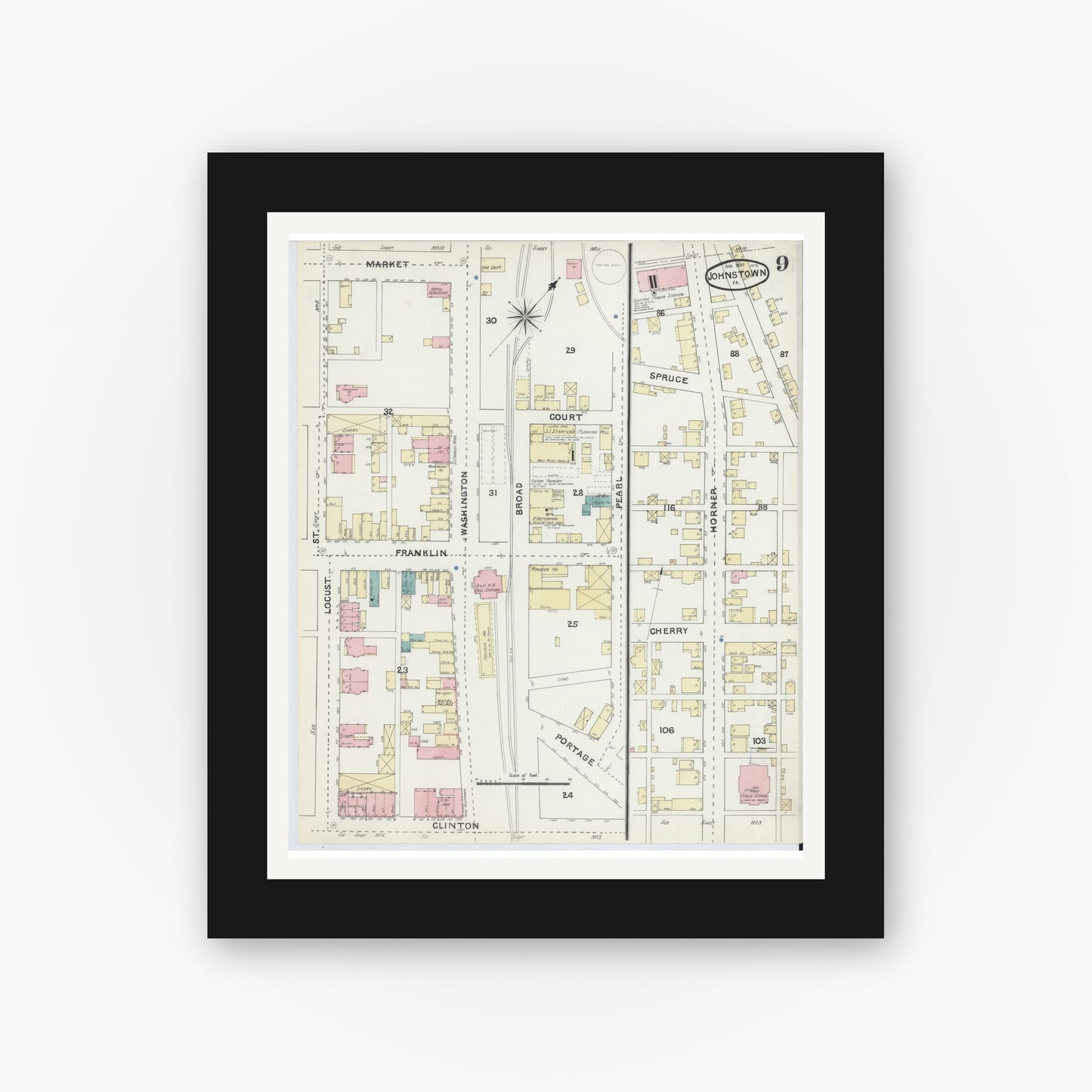 Old map wall art mockup — black gallery frame with white mat — Sanborn Fire Insurance Map from Johnstown, Cambria County, Pennsylvania (1891), Sheet #0009