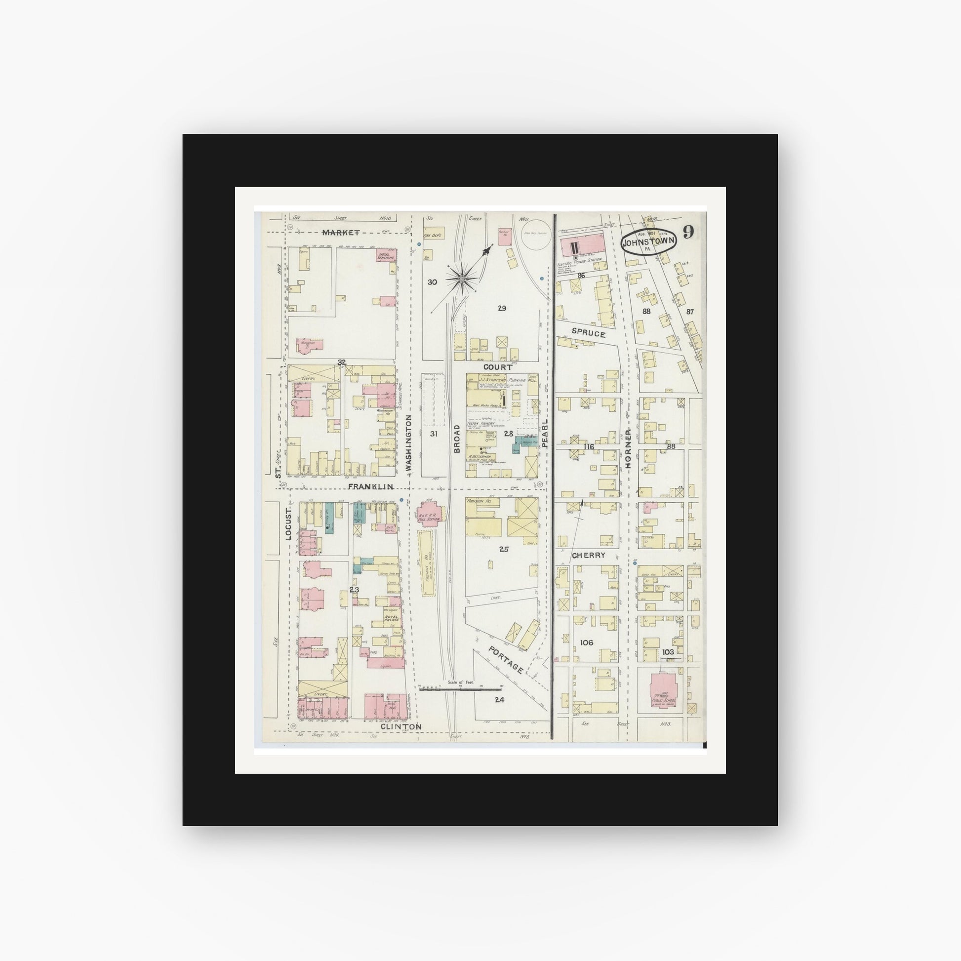 Old map wall art mockup — black gallery frame with white mat — Sanborn Fire Insurance Map from Johnstown, Cambria County, Pennsylvania (1891), Sheet #0009