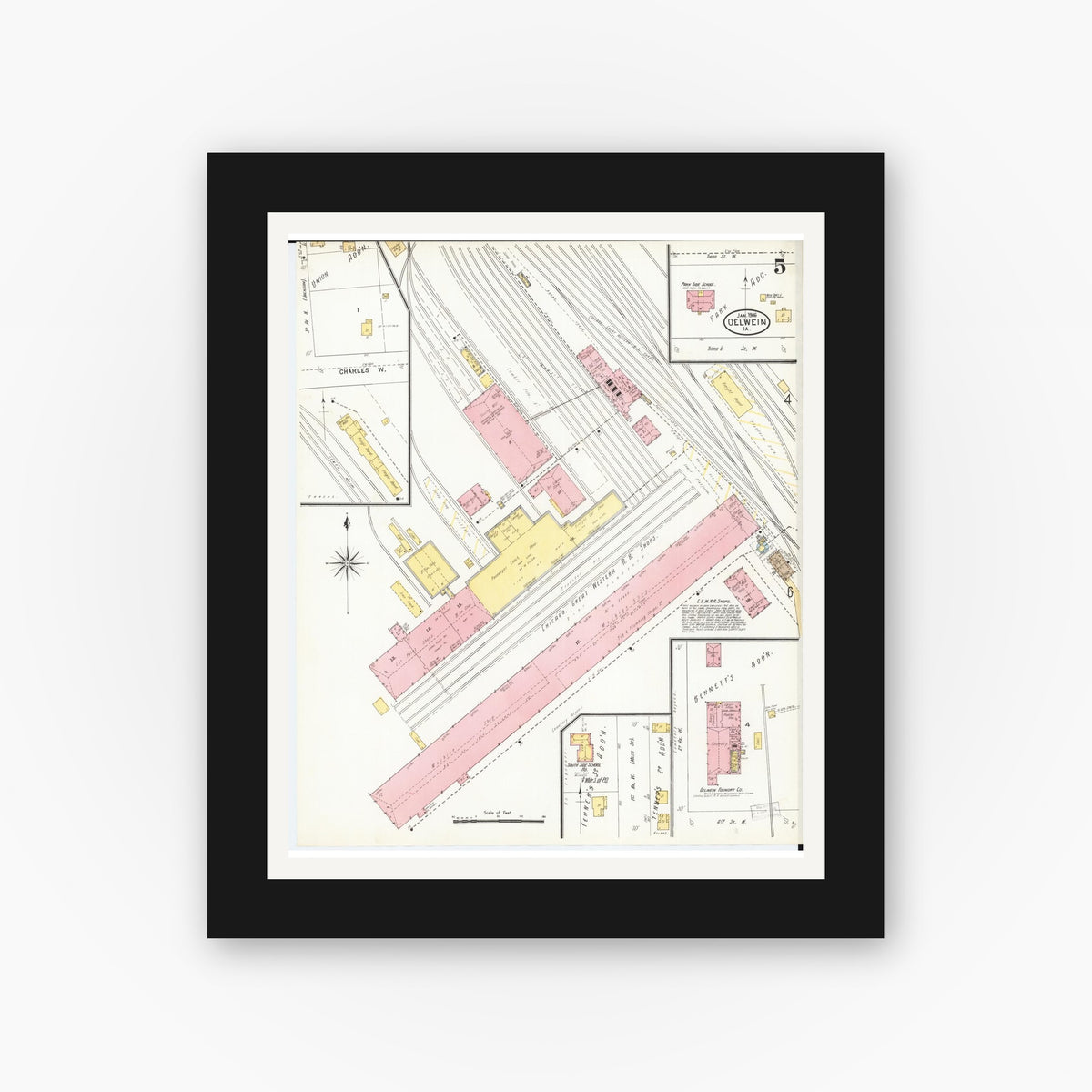 Old map wall art mockup — black gallery frame with white mat — Sanborn Fire Insurance Map from Oelwein, Fayette County, Iowa (1906), Sheet #0005