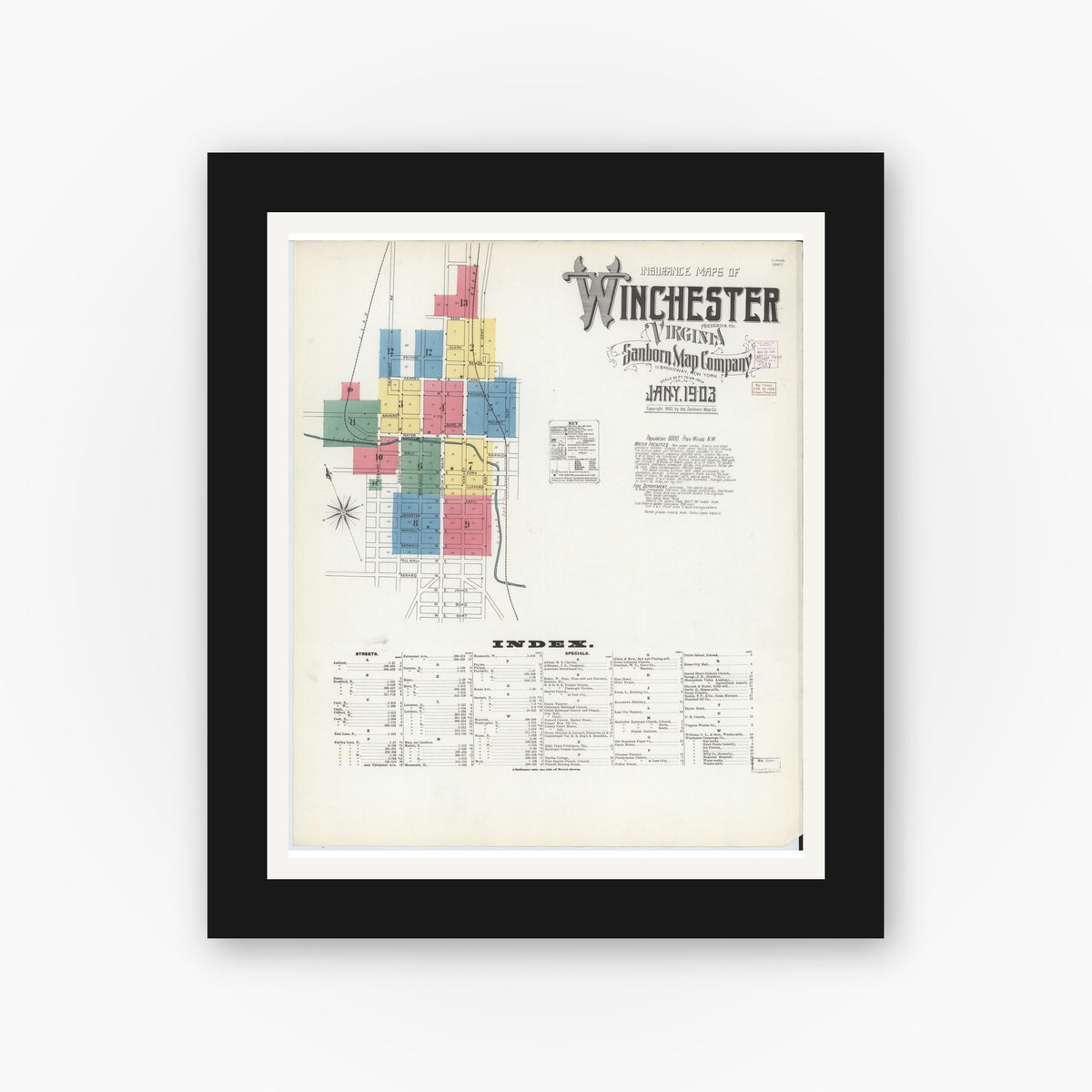 Old map wall art mockup — black gallery frame with white mat — Sanborn Fire Insurance Map from Winchester, Independent Cities, Virginia (1903) - Complete Map Set