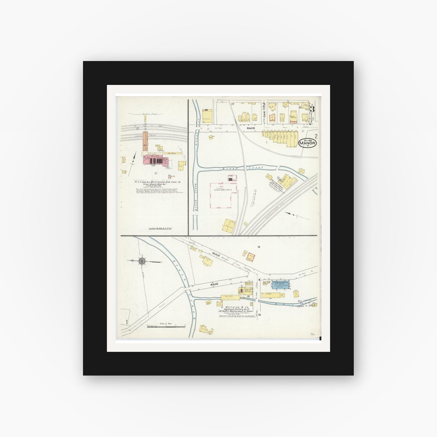 Old map wall art mockup — black gallery frame with white mat — Sanborn Fire Insurance Map from Manor, Westmoreland County, Pennsylvania (1909), Sheet #0003