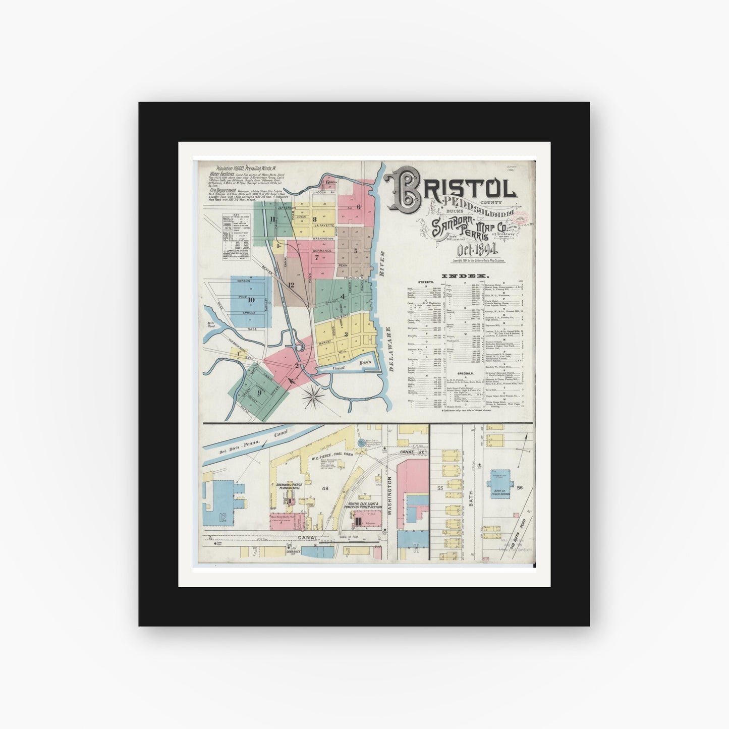 Old map wall art mockup — black gallery frame with white mat — Sanborn Fire Insurance Map from Bristol, Bucks County, Pennsylvania (1894), Sheet #0001