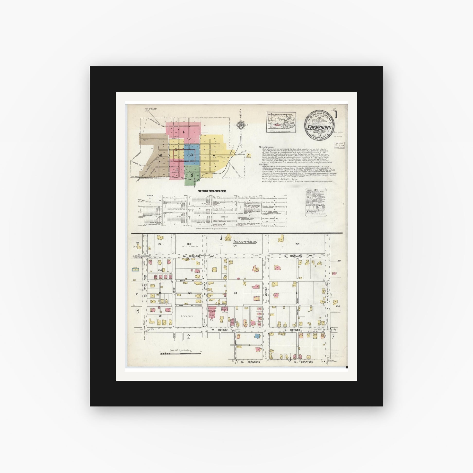 Old map wall art mockup — black gallery frame with white mat — Sanborn Fire Insurance Map from Ebensburg, Cambria County, Pennsylvania (1916), Sheet #0001