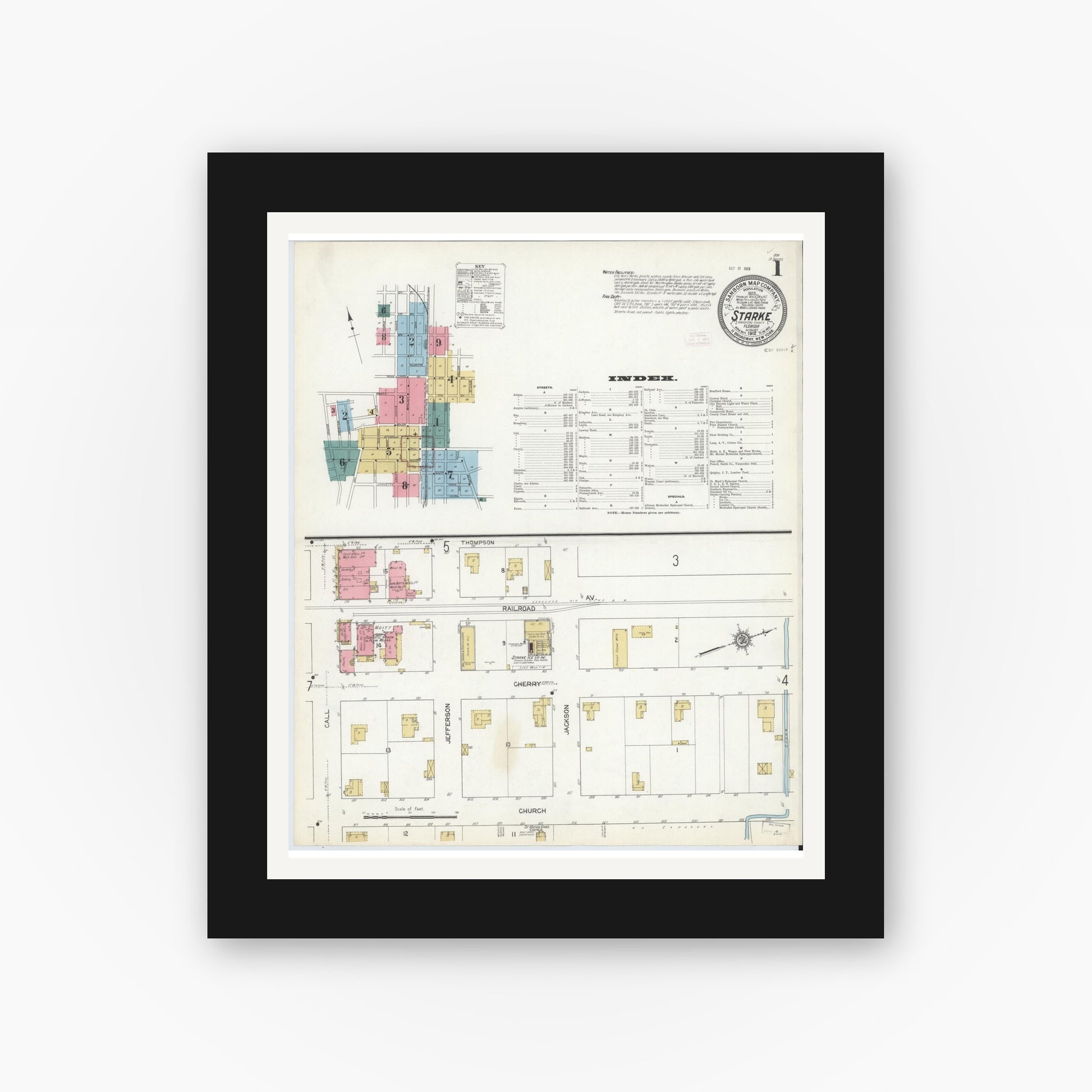 Old map wall art mockup — black gallery frame with white mat — Sanborn Fire Insurance Map from Starke, Bradford County, Florida (1912), Sheet #0001