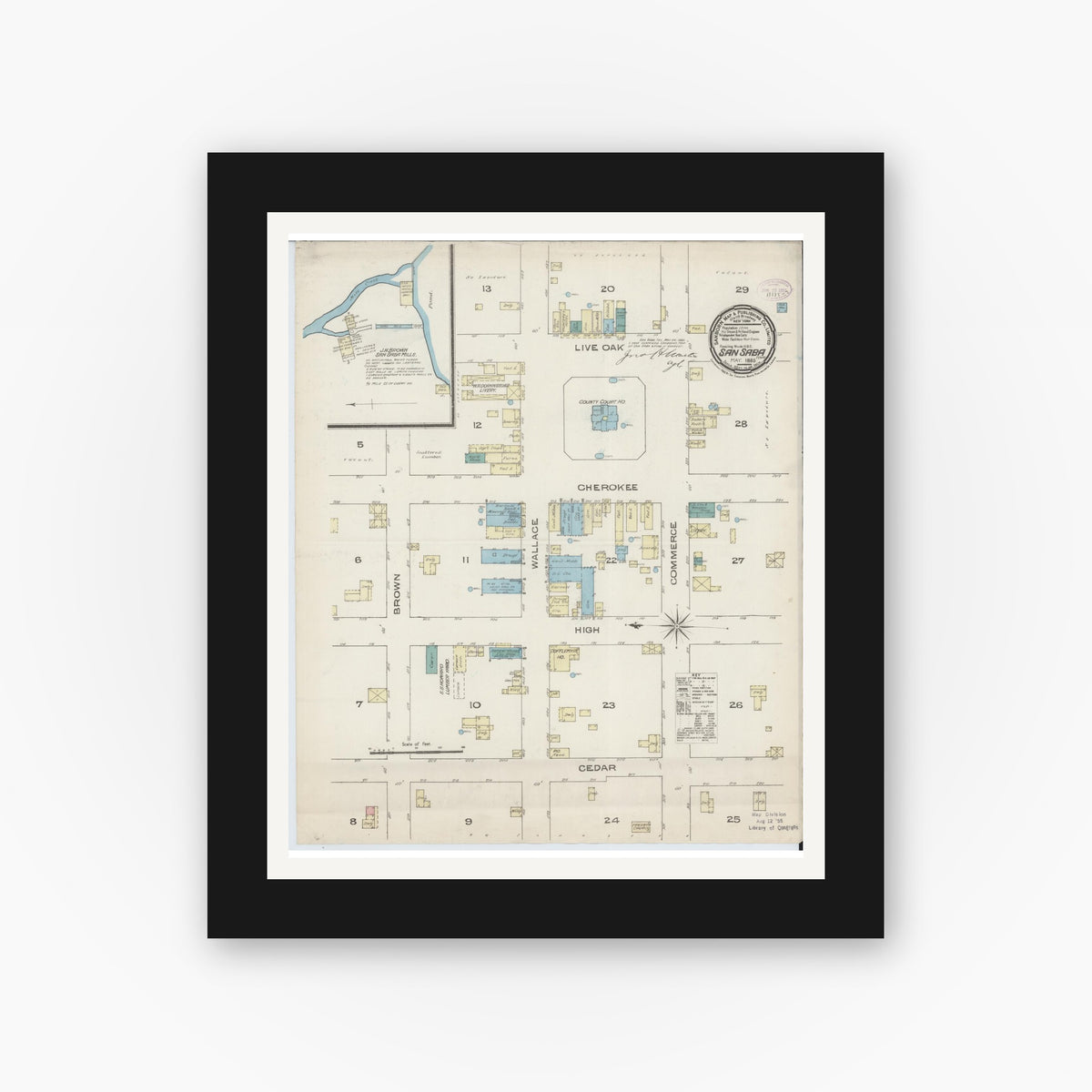 Old map wall art mockup — black gallery frame with white mat — Sanborn Fire Insurance Map from San Saba, San Saba County, Texas (1885), Sheet #0001