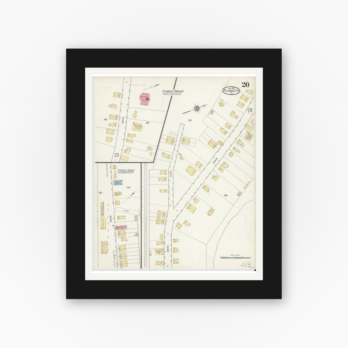 Old map wall art mockup — black gallery frame with white mat — Sanborn Fire Insurance Map from Plymouth, Luzerne County, Pennsylvania (1912), Sheet #0020