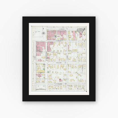Old map wall art mockup — black gallery frame with white mat — Sanborn Fire Insurance Map from Jacksonville, Morgan County, Illinois (1892), Sheet #0002