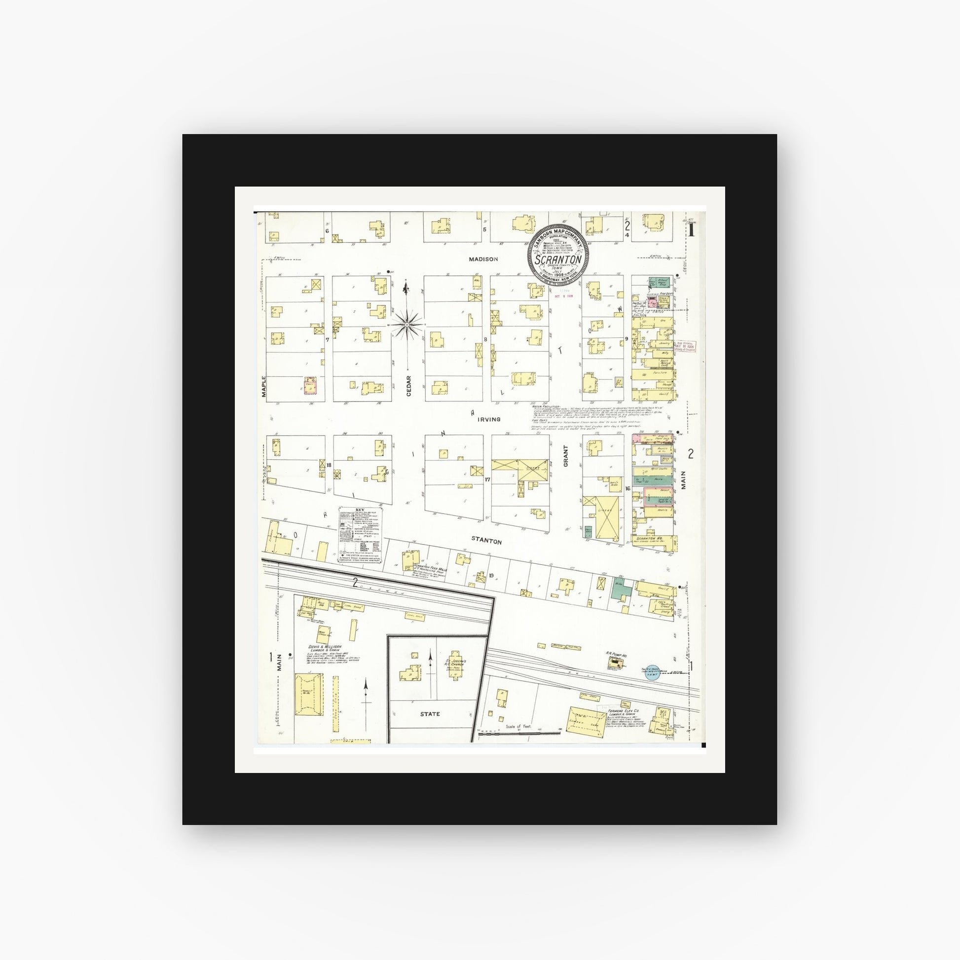 Old map wall art mockup — black gallery frame with white mat — Sanborn Fire Insurance Map from Scranton, Greene County, Iowa (1909), Sheet #0001