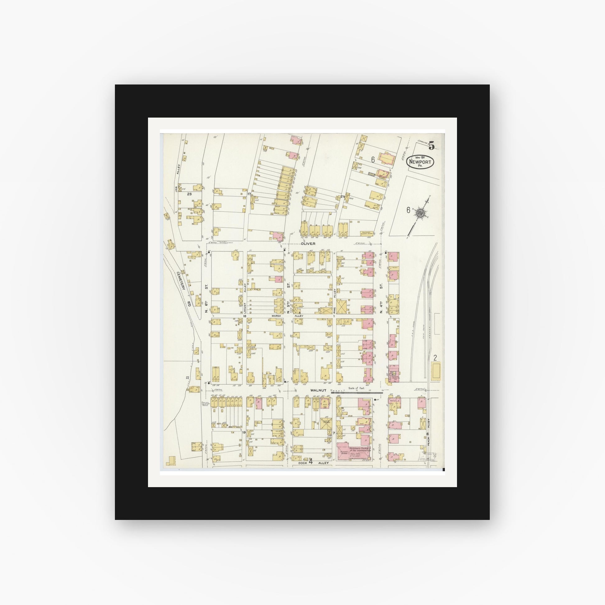 Old map wall art mockup — black gallery frame with white mat — Sanborn Fire Insurance Map from Newport, Perry County, Pennsylvania (1911), Sheet #0005
