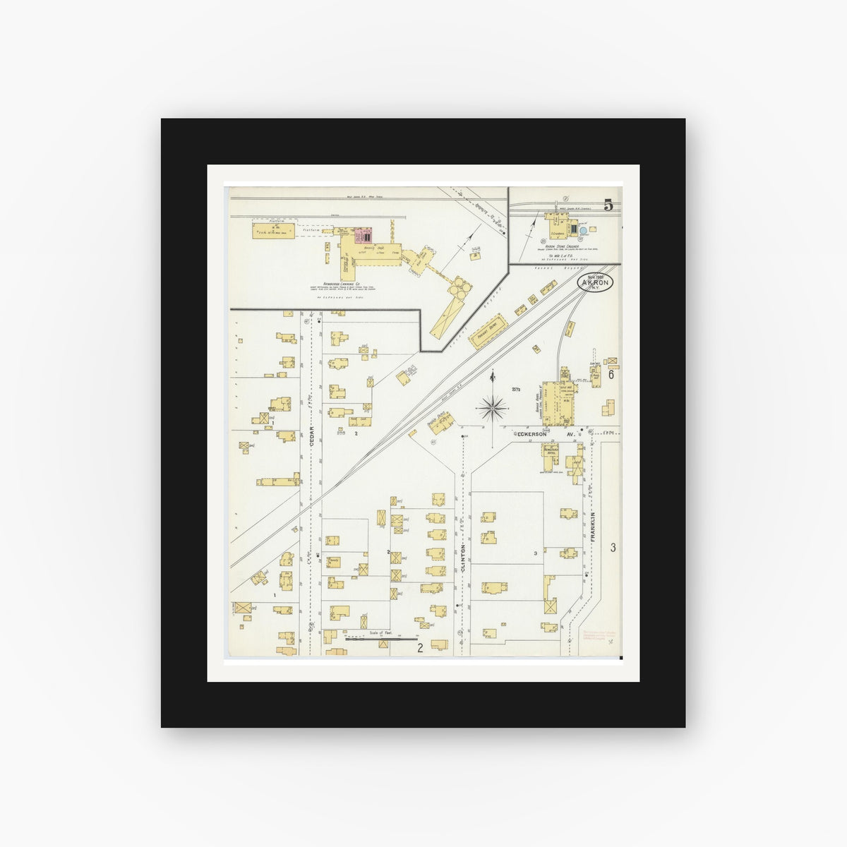 Old map wall art mockup — black gallery frame with white mat — Sanborn Fire Insurance Map from Akron, Erie County, New York (1905), Sheet #0005
