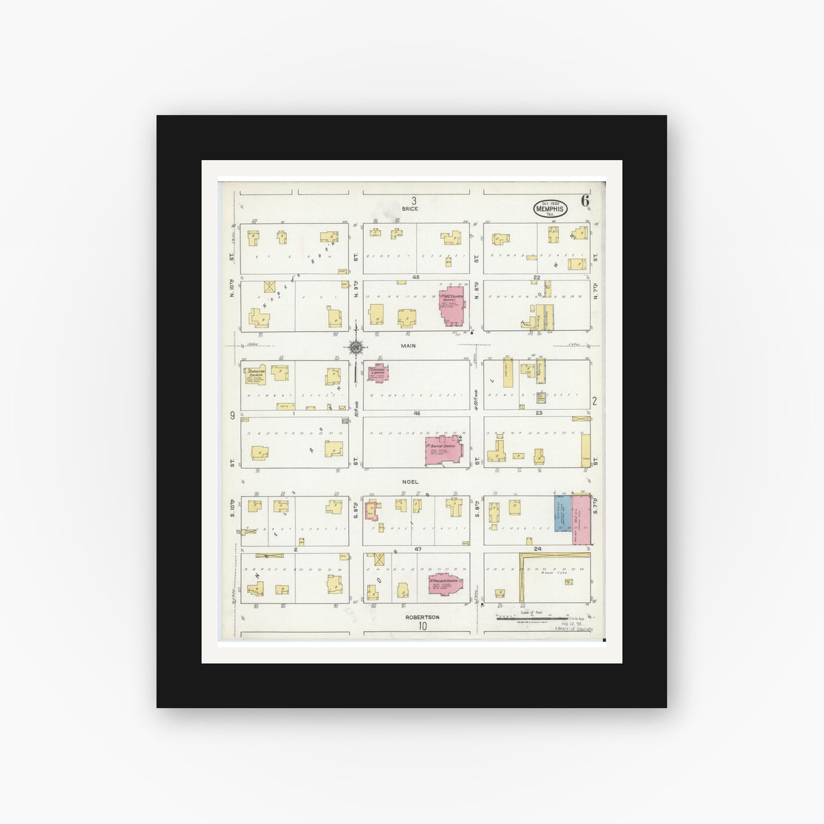 Old map wall art mockup — black gallery frame with white mat — Sanborn Fire Insurance Map from Memphis, Hall County, Texas (1920), Sheet #0006