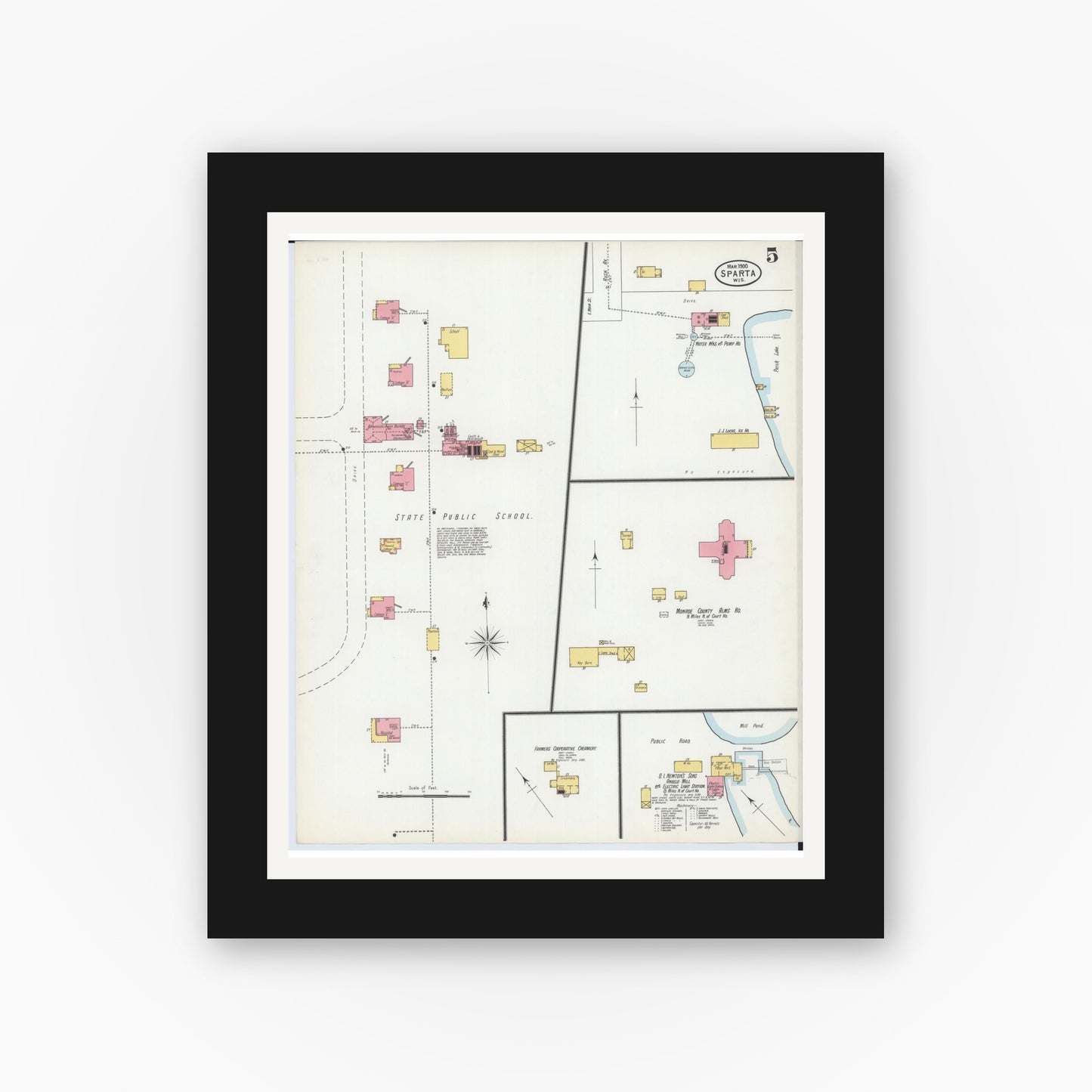Old map wall art mockup — black gallery frame with white mat — Sanborn Fire Insurance Map from Sparta, Monroe County, Wisconsin (1900), Sheet #0005
