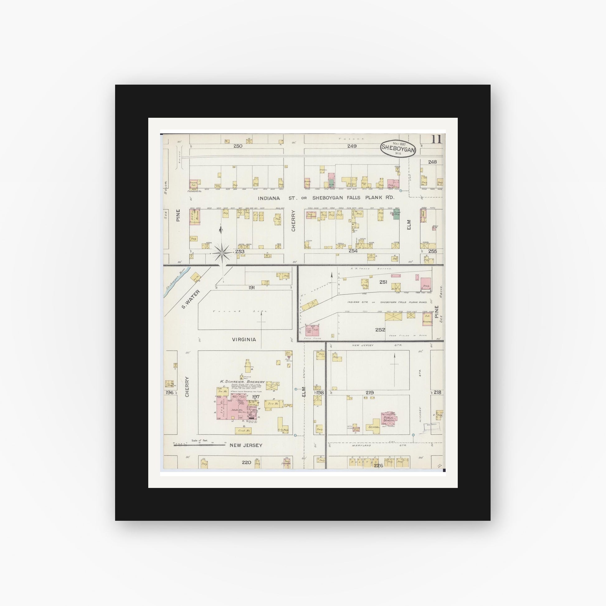 Old map wall art mockup — black gallery frame with white mat — Sanborn Fire Insurance Map from Sheboygan, Sheboygan County, Wisconsin (1887), Sheet #0011