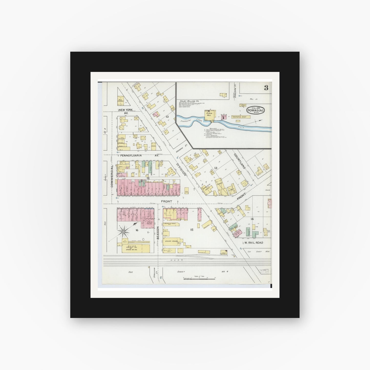 Old map wall art mockup — black gallery frame with white mat — Sanborn Fire Insurance Map from Dowagiac, Cass County, Michigan (1892), Sheet #0003