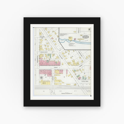 Old map wall art mockup — black gallery frame with white mat — Sanborn Fire Insurance Map from Dowagiac, Cass County, Michigan (1892), Sheet #0003