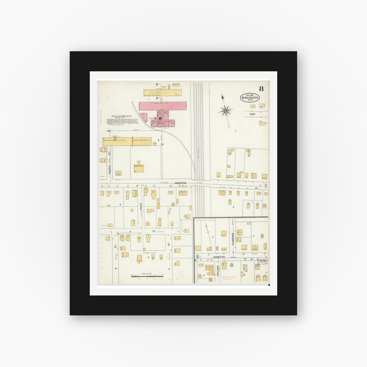 Old map wall art mockup — black gallery frame with white mat — Sanborn Fire Insurance Map from Winchester, Middlesex County, Massachusetts (1904), Sheet #0008