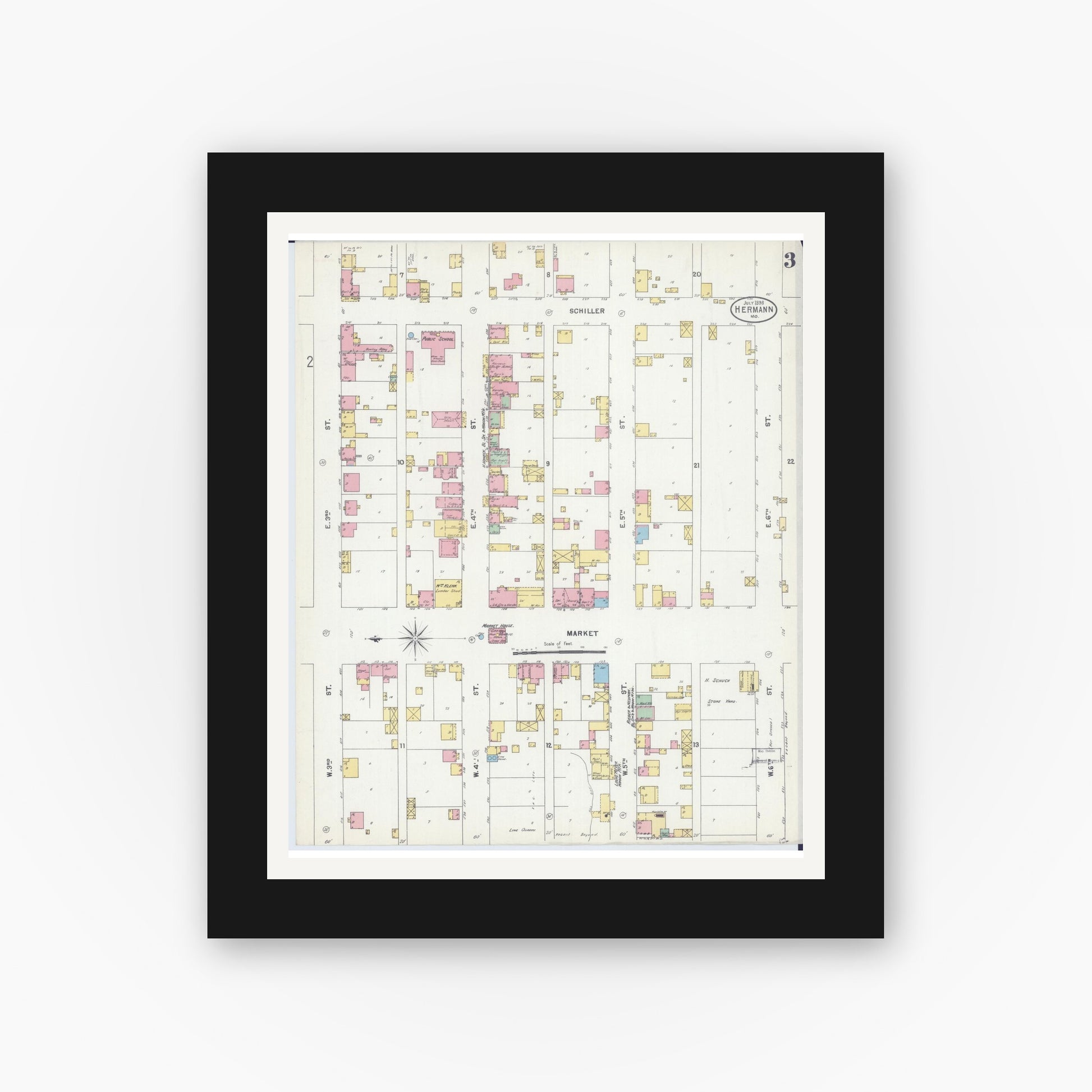 Old map wall art mockup — black gallery frame with white mat — Sanborn Fire Insurance Map from Hermann, Gasconade County, Missouri (1898), Sheet #0003