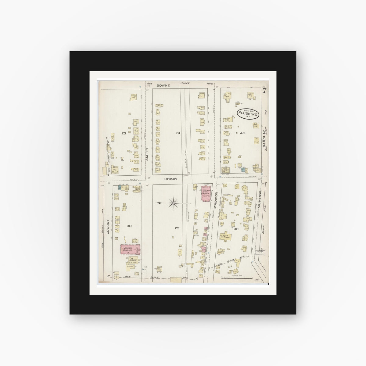 Old map wall art mockup — black gallery frame with white mat — Sanborn Fire Insurance Map from Flushing, Queens County, New York (1886), Sheet #0007